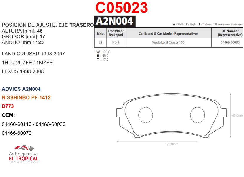 FIBRA DE DISCO  LAND CRUISER 98- TRASEROD773