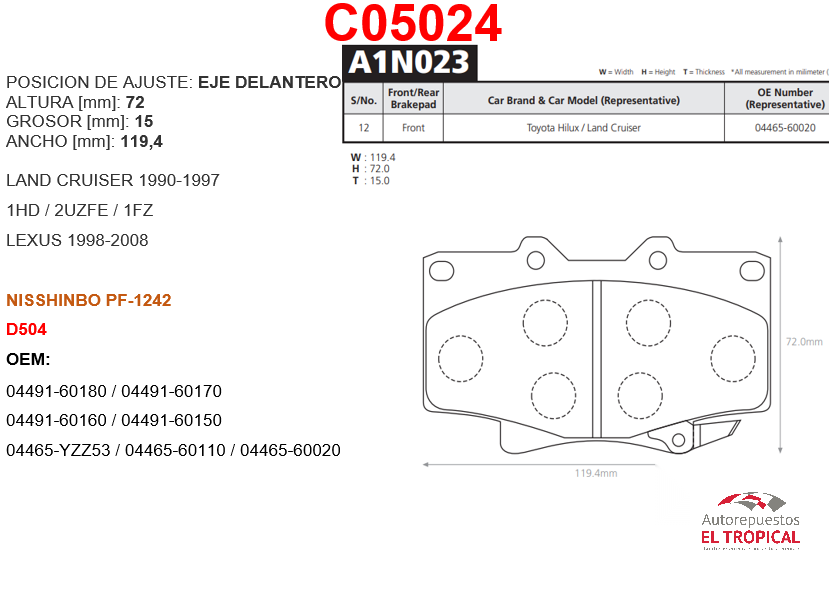 FIBRA DE DISCO  LAND CRUISER 4.0,4.2,4.5 D504