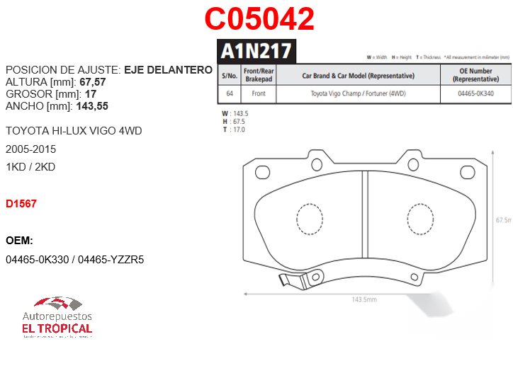 FIBRA DE DISCO VIGO 4WD 04465-0K260 (KUN25-26)