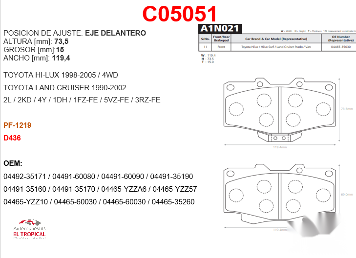 FIBRA DE DISCO 4RUNNER 89-92 PRADO 93-96/D436