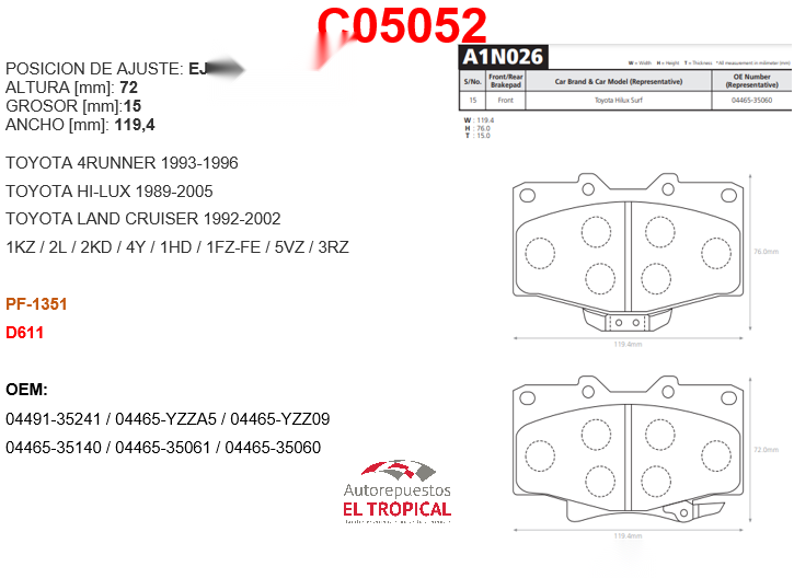 FIBRA DE DISCO 4RUNNER T100 4X4 91-D611/PF1351