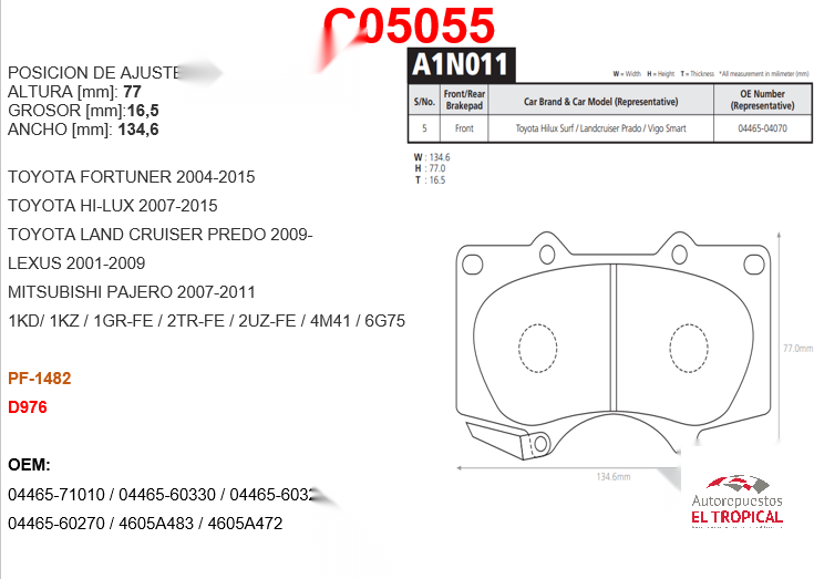 FIBRA DE DISCO  D976   PRADO,4RUNNER 02-