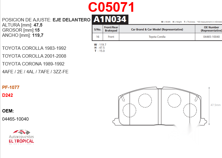 FIBRA DE DISCO COROLLA 84-88/D242/PF1077