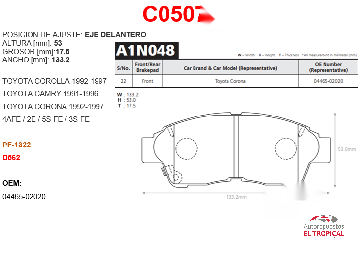FIBRA DE DISCO RAV4,COROLLA,CORONA 93-/D562