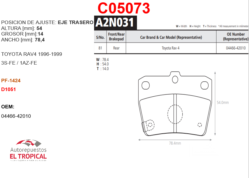 FIBRA DE DISCO RAV4 SXA10/11W 96- TRAS/D1051