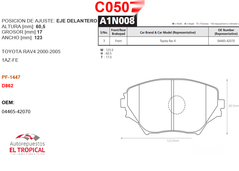 FIBRA DE DISCO RAV4 1.8/2.0  00-/D862/PF1447