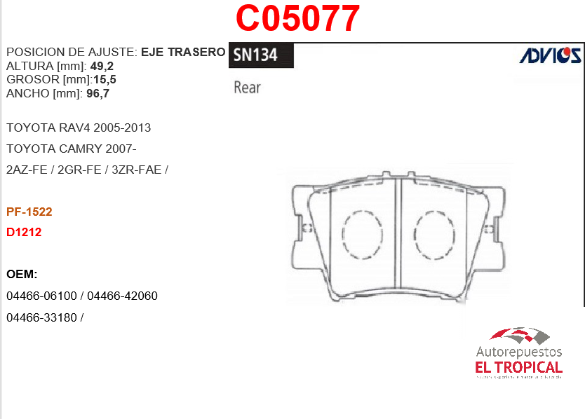 FIBRA DE DISCO RAV4 2.4 05-D2269/PF1522