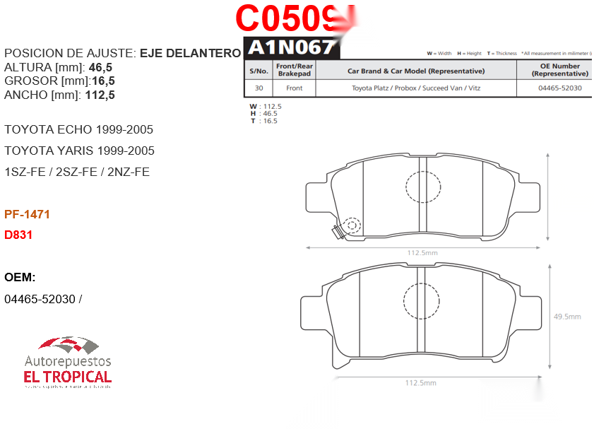 FIBRA DE DISCO YARIS 1.0,1.3 99-/D831/PF1432