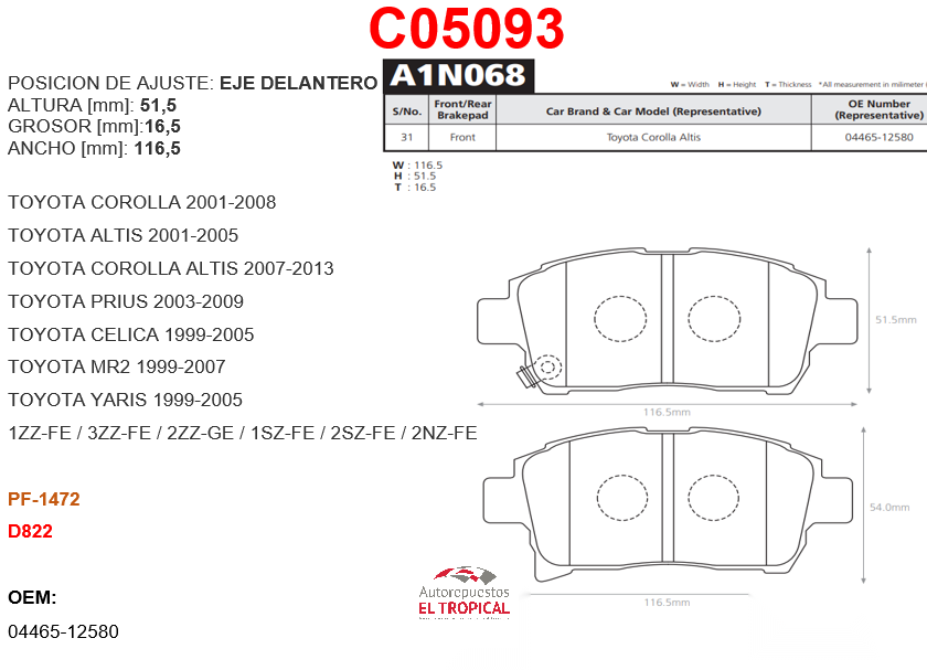 FIBRA DE DISCO YARIS 1.5,CORAXI 2.2 PF1472