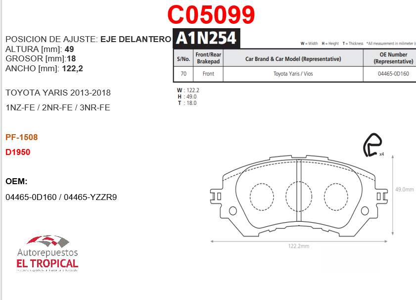 FIBRA DE DISCO YARIS 2NZ, 1NZ 13-