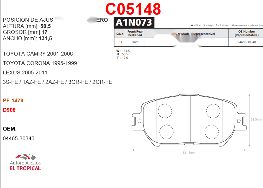 FIBRA DE DISCO CAMRY 2.4 01-D908/PF1479