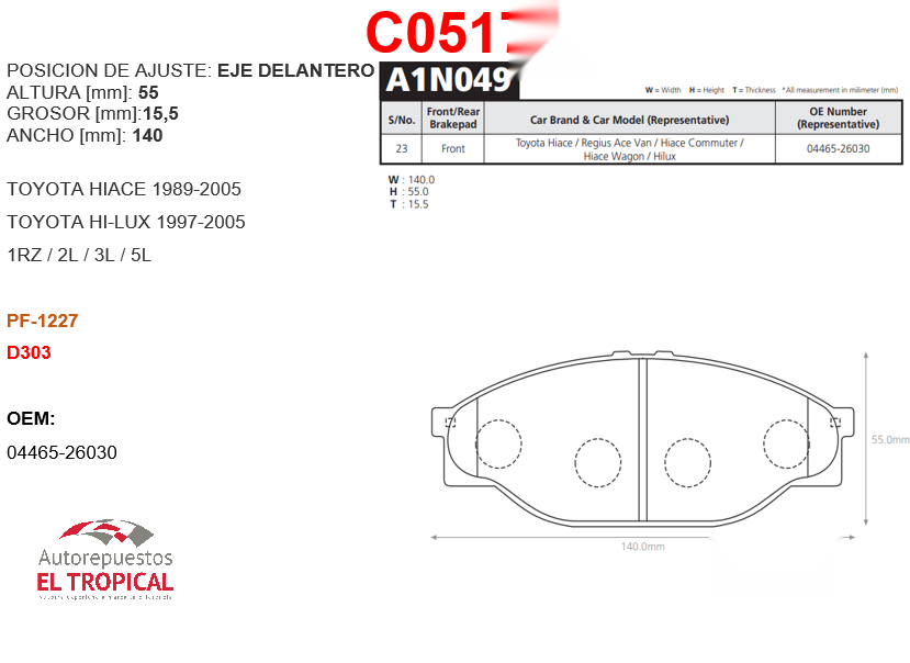 FIBRA DE DIS A1N049 HIACE LHH102,RZH102