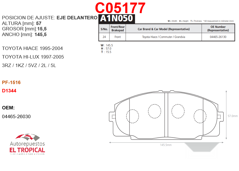 FIBRA DE DISCO A1N050 HIACE LH 14/117 95-