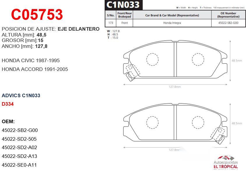 FIBRA DE DISCO D334 ACCORD CAB,INTEGRA 86-