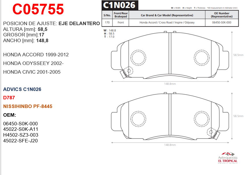 FIBRA DE DISCO D787ACCORD 2.4 02-ODYSSEY 3.0