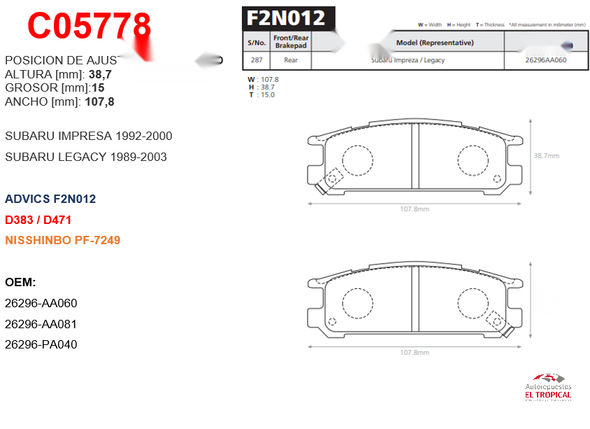 FIBRA DE DISCO LEGACY 1.8/2.0/2.2 89- TRAS