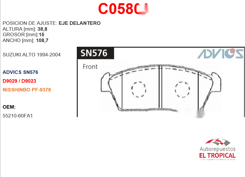 FIBRA DE DISCO D9023SUZUKI WAGON R ALTO 94--04