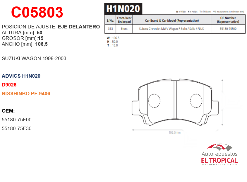 FIBRA DE DISCO H1N020 SUZUKI WAGON R 97-