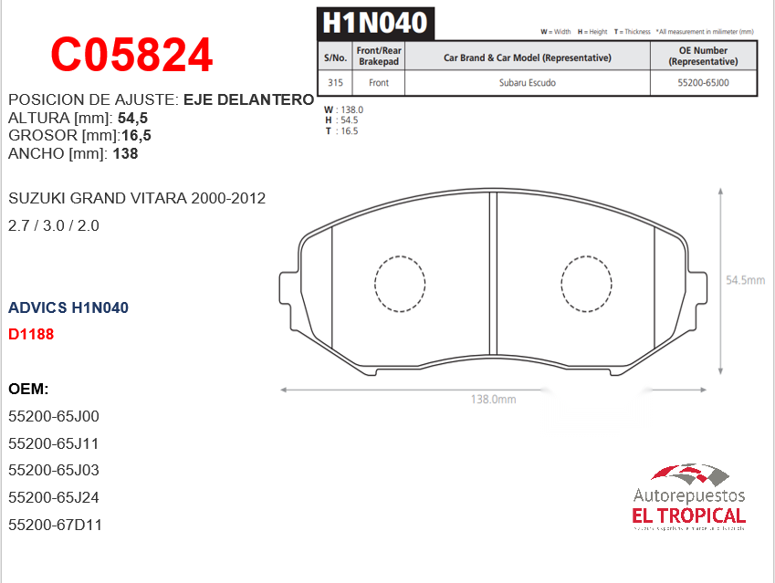 FIBRA DE DISCO GRAN VITARA 05- 1.6 / 2.0 / 2.7 /3.2