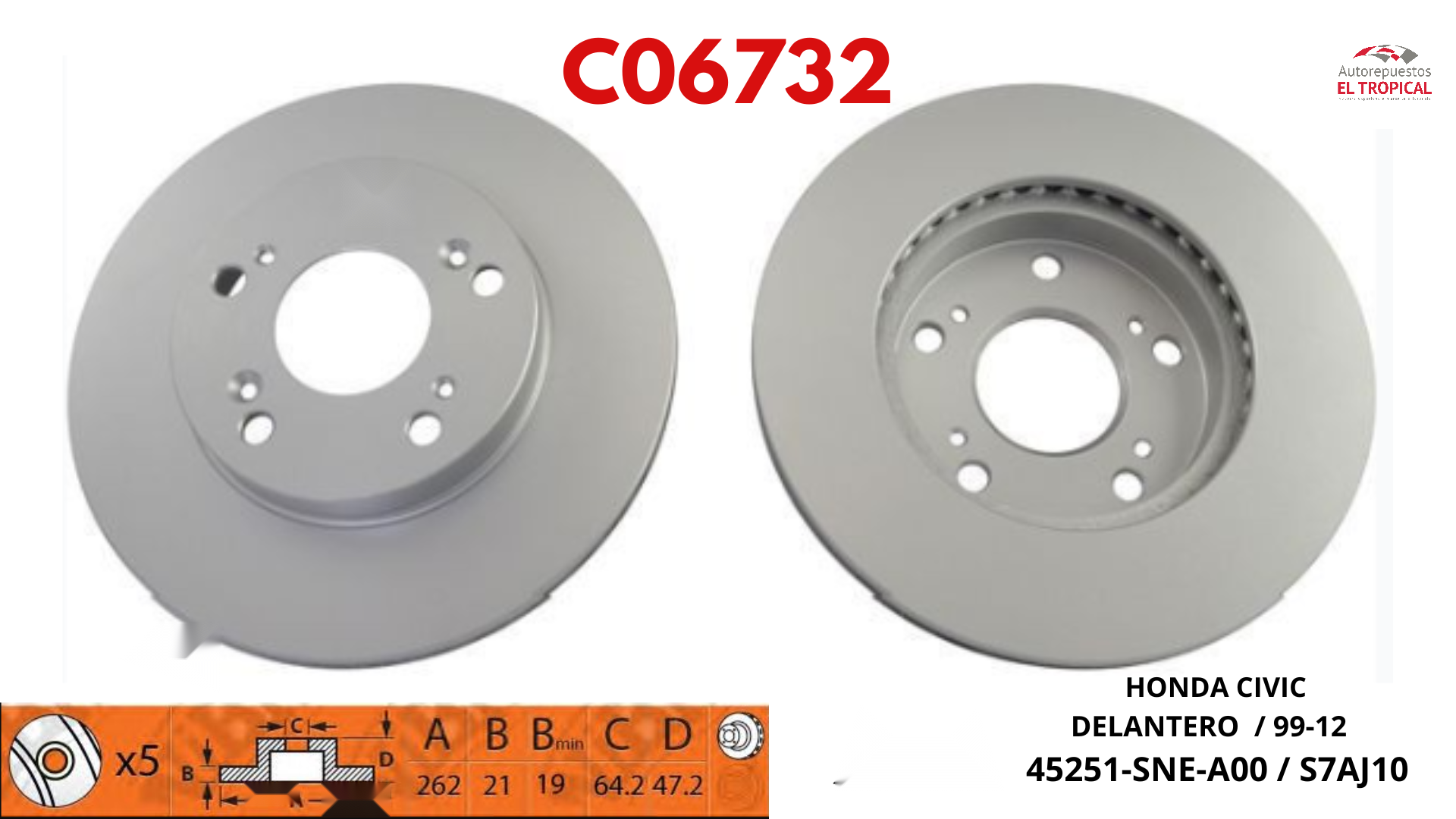 DISCO DE FRENO CIVIC 1800 DLT 06- 45251SNEA00