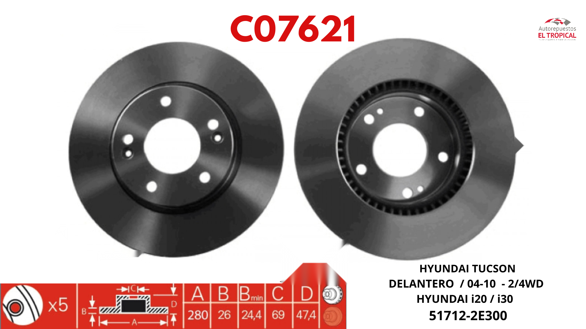 DISCO DE FRENO TUCSON 2/4WD 04-10, 2WD 11-