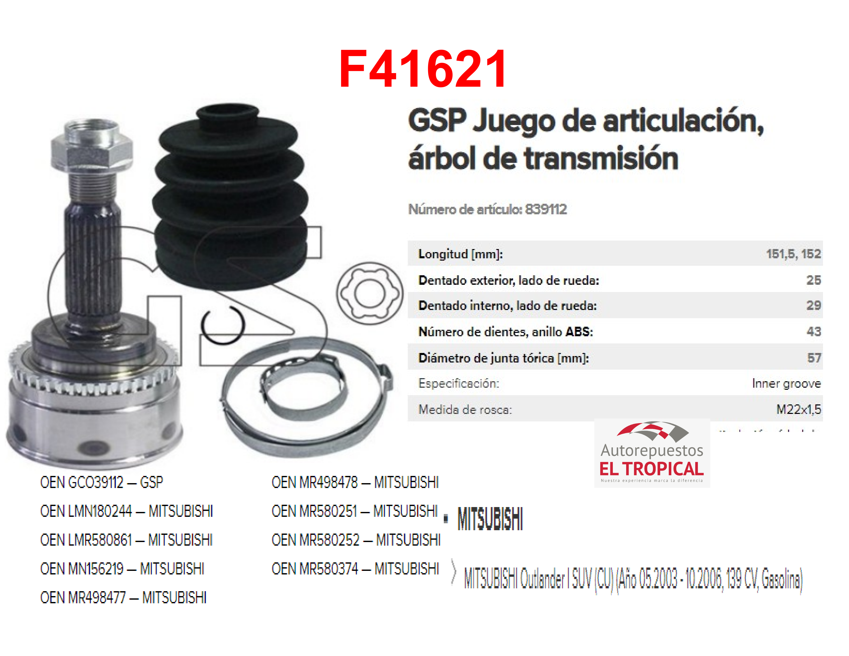 PUNTA EJE OUTLANDER 2.0/2.4 03-06 C/ABS