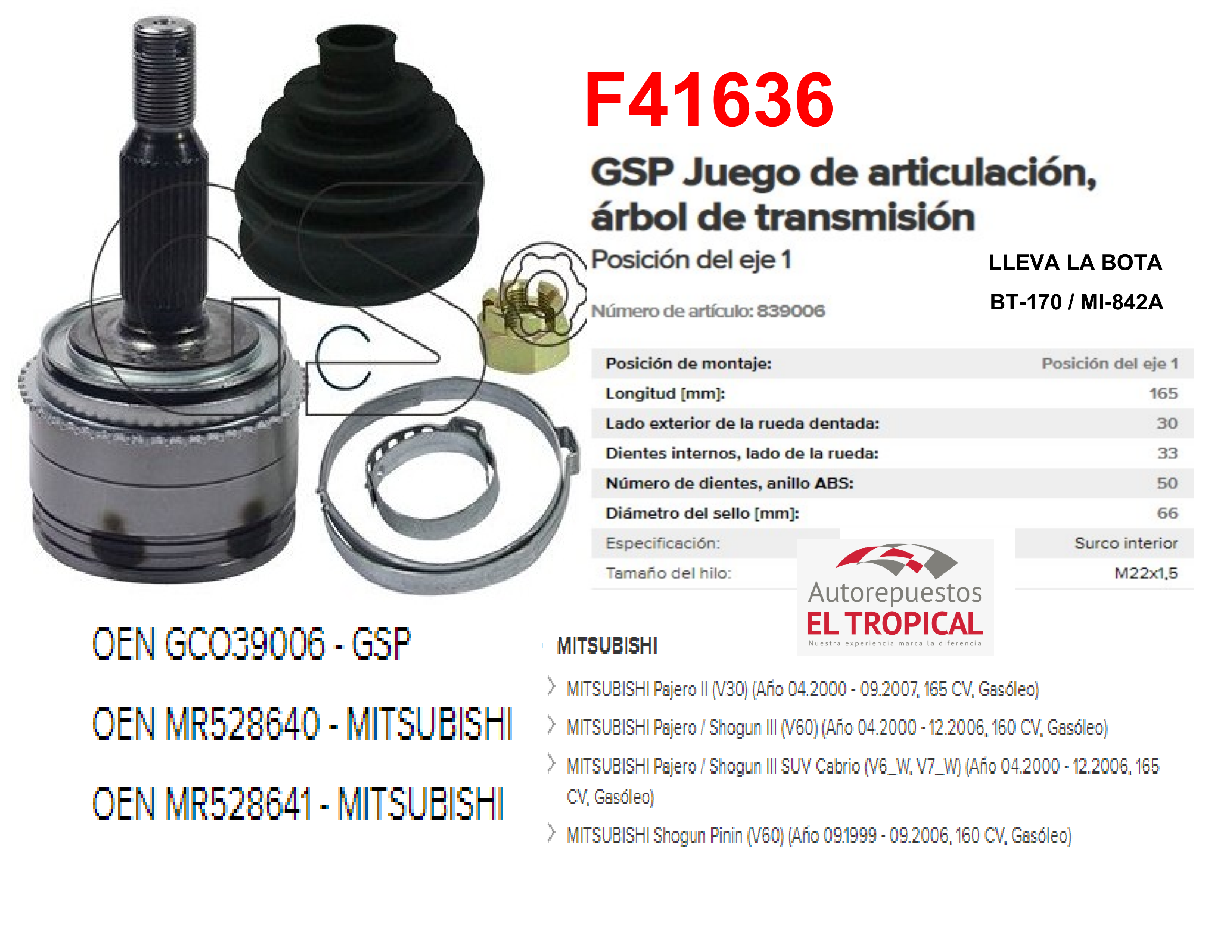 Punta Eje 301095 DE EJE PAJERO 3.2 00-