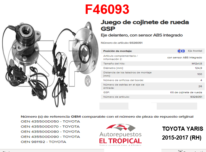 Bocina  delantera  Yaris 2015-2017 43550-0D050/0D070