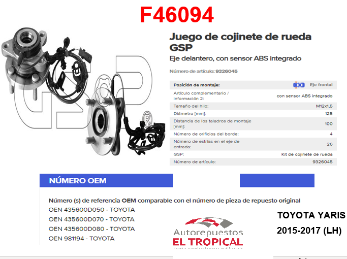Bocina Delantero Izquierdo Yaris 2015-2017 43560-0D050/070