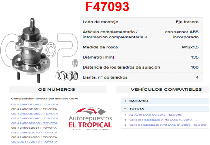 Bocina Trasera Yaris 2007 Con Sistema Antibloqueo De Frenos 42450-0D050