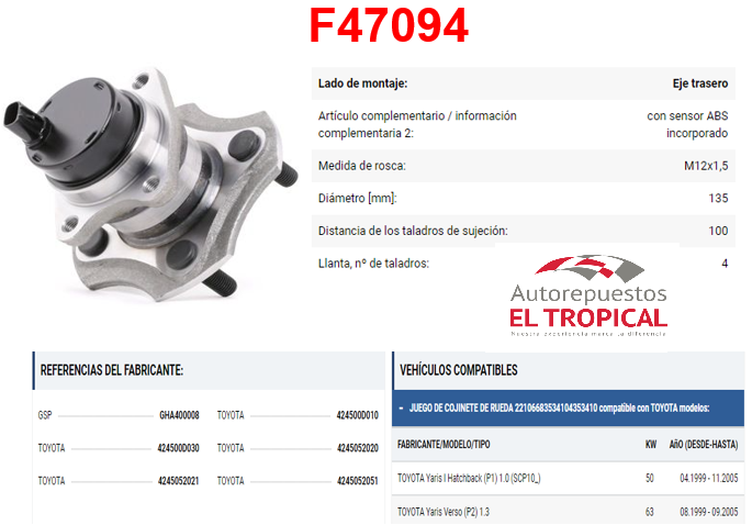Bocina Trasera Yaris 2000-2005 Con ABS 42450-0D030