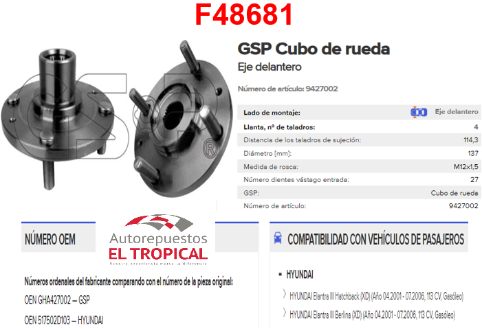 Bocina Delantero Elantra 2001-2006 Sin ABS