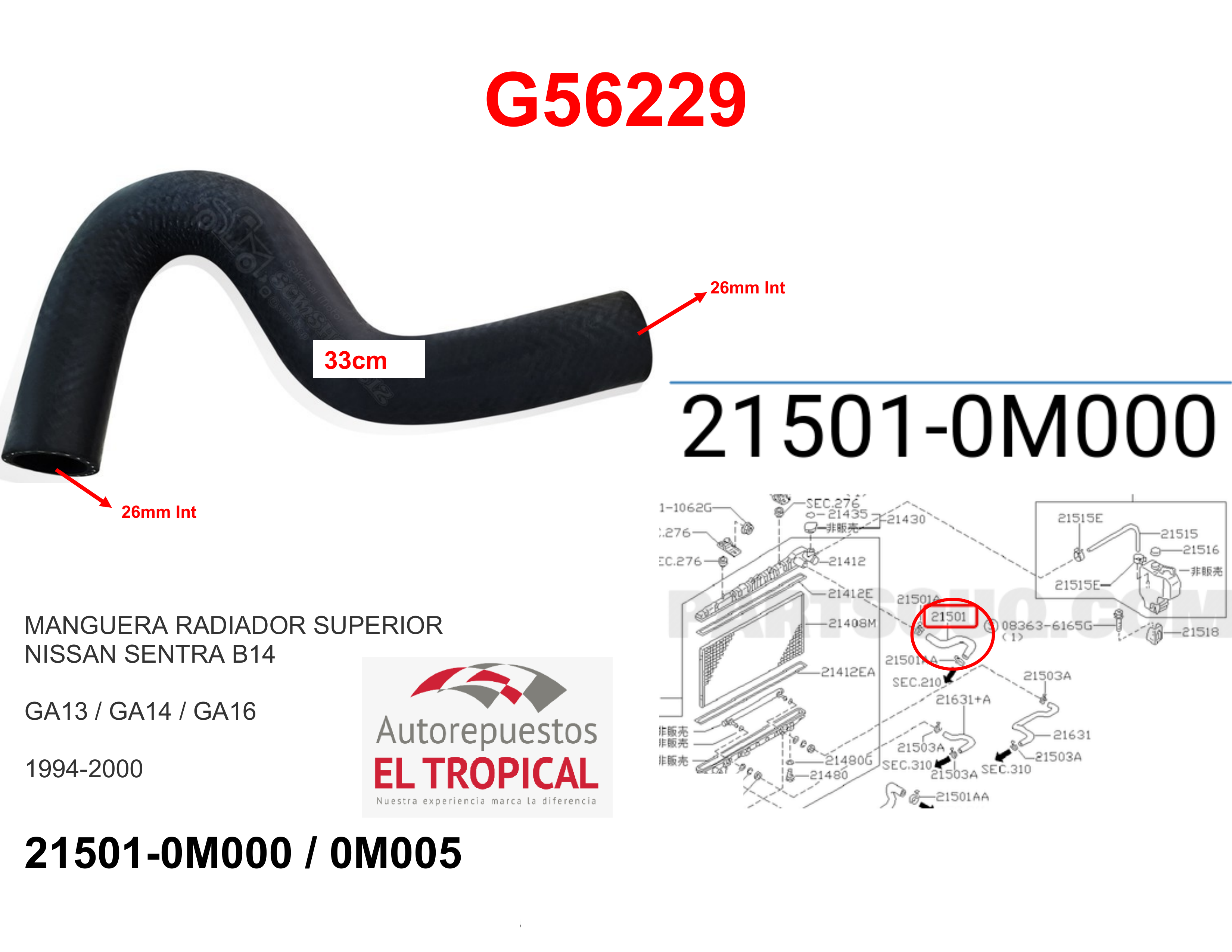Manguera radiador superior .B14 GA15DE 96-