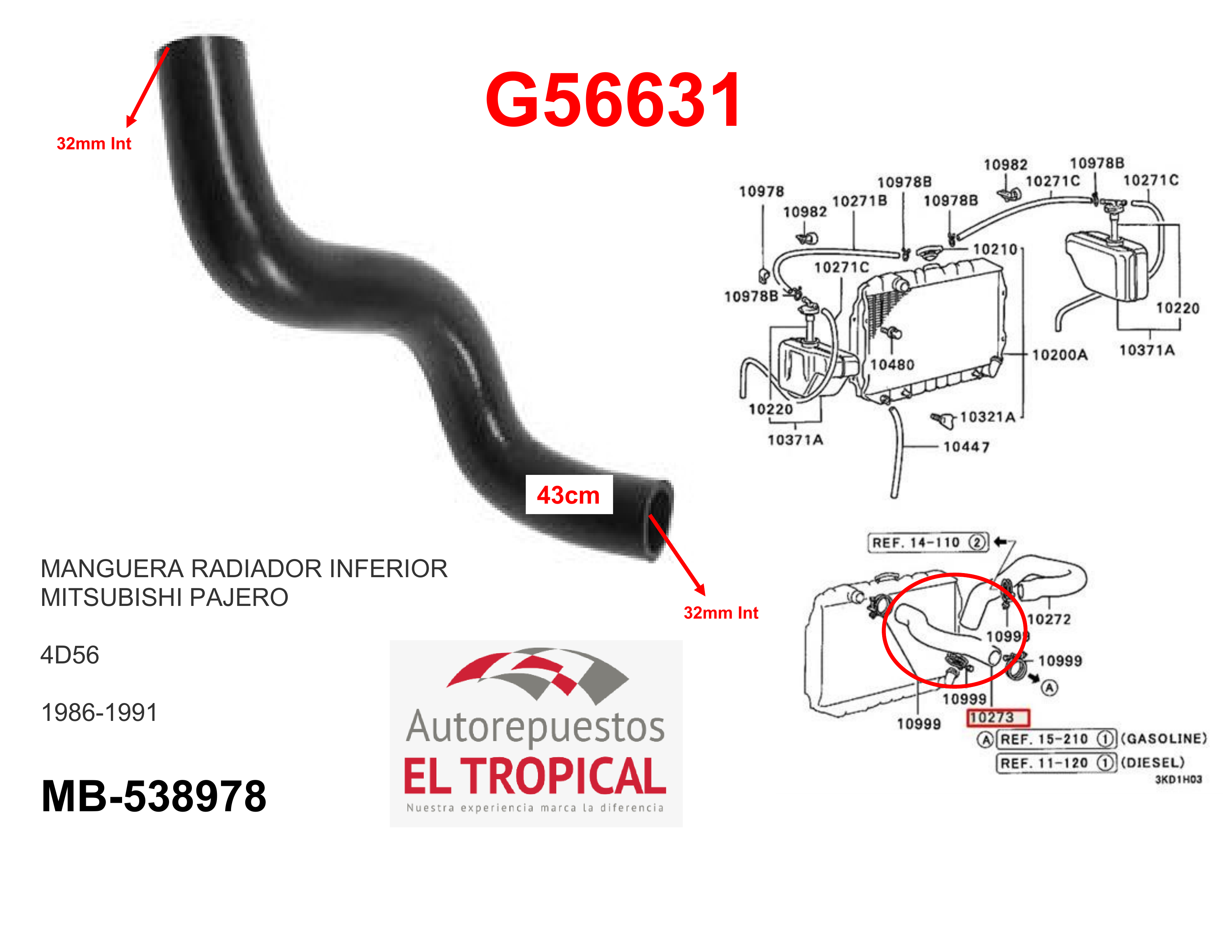 Manguera radiador inferior PAJERO 4D56T 86-91