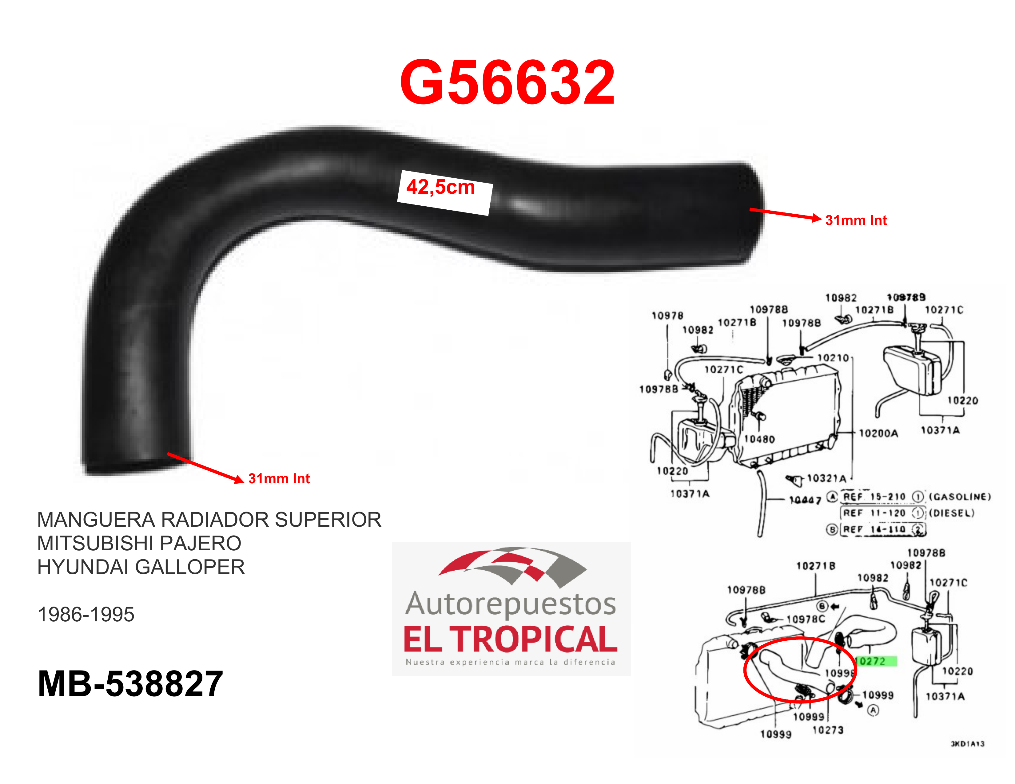 Manguera radiador superior PAJERO 4D56T 86-91