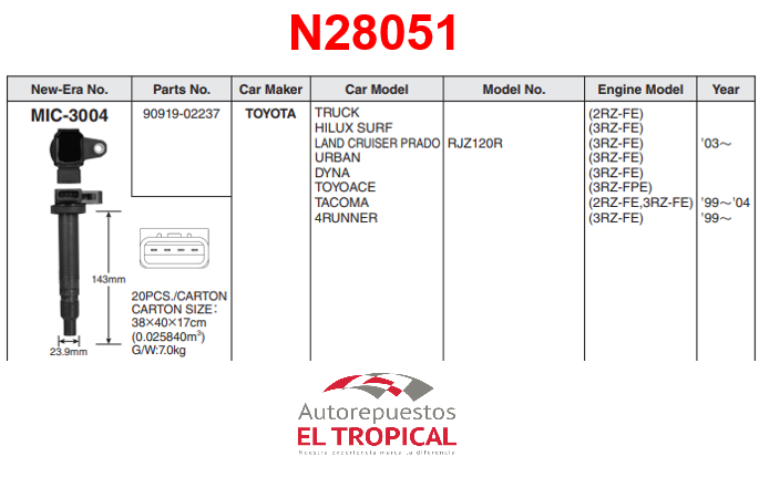 BOBINA DELANTERO Sistema JPC-1030 2RZ/3RZFE 99-