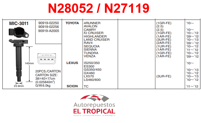 BOBINA DELANTERO Sistema JPC-1042 1GR 08-16