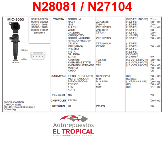 BOBINA DELANTERO Sistema JPC-1018 3ZZFE,1ZZ,K3