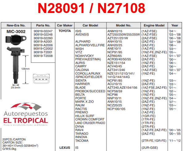 BOBINA DELANTERO Sistema JPC-1031 1AZ/2AZ-FE RAV4 00-05