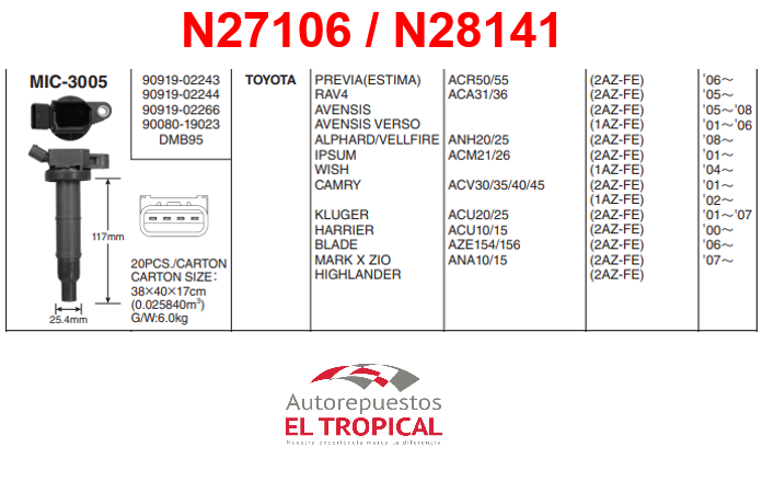 Bobina DELANTERO Sistema 1GC106F IGC116F 2AZ-FE RAV4 06-