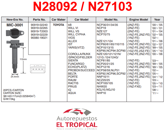 BOBINA DELANTERO Sistema JPC-1036 YARIS 00-05
