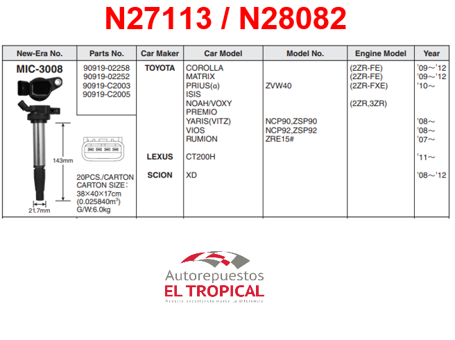 BOBINA DELANTERO Sistema COROLLA 2ZR-FE 09-12