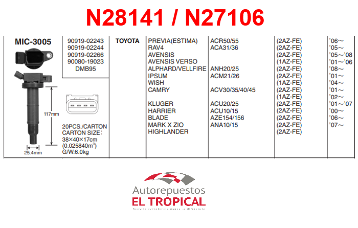 BOBINA DELANTERO Sistema JPC-1035 2AZ-FE RAV4 05-