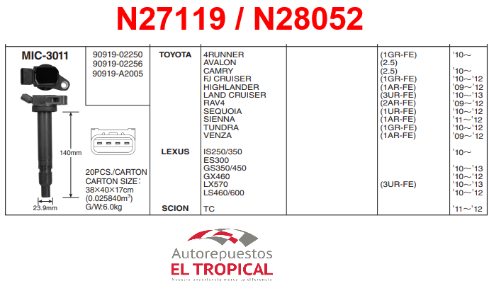 BOBINA DELANTERO Sistema 1GC119F 1GR 08-16 90919-02248