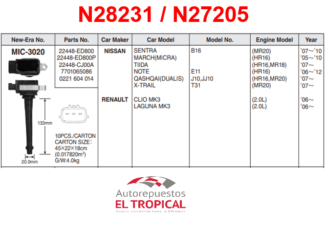 BOBINA DELANTERO Sistema JPC-1028 TIIDA, SENTRA