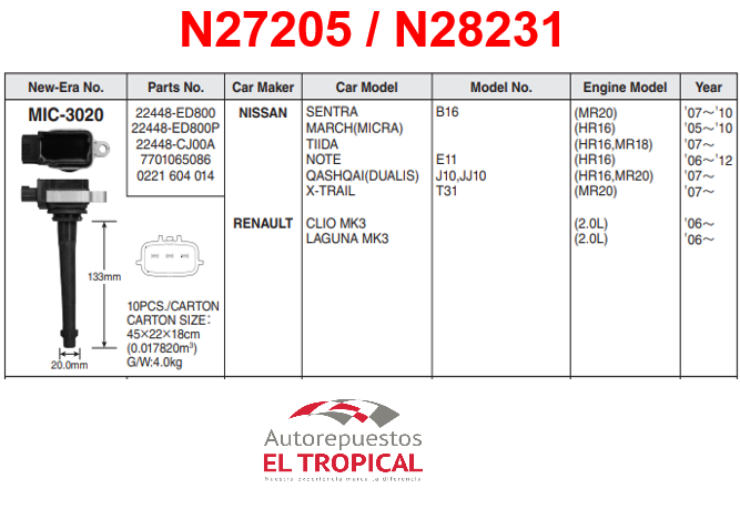 BOBINA DELANTERO Sistema 1GC205F TIIDA,SENTRA