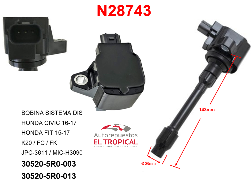 BOBINA DELANTERO Sistema JPC-3611 CIVIC K20 2016-, FIT