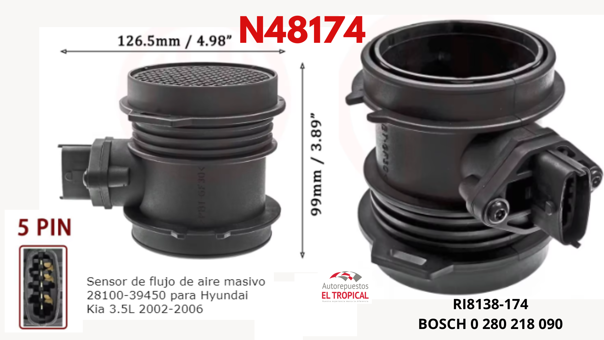 SENSOR DE FLUJO DE Aire Tucson, KIA SORENTO 01-06 RI8174