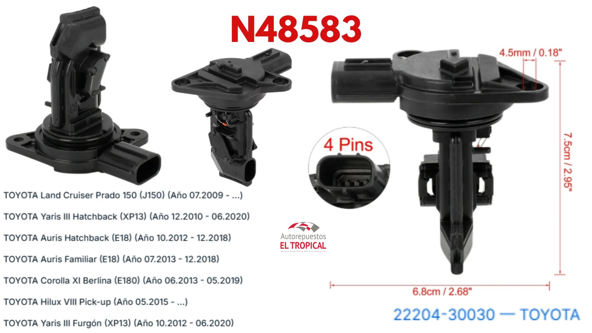 SENSOR DE FLUJO DE Aire Tucson, PRADO 09-, YARIS 10-, HILUX 13-