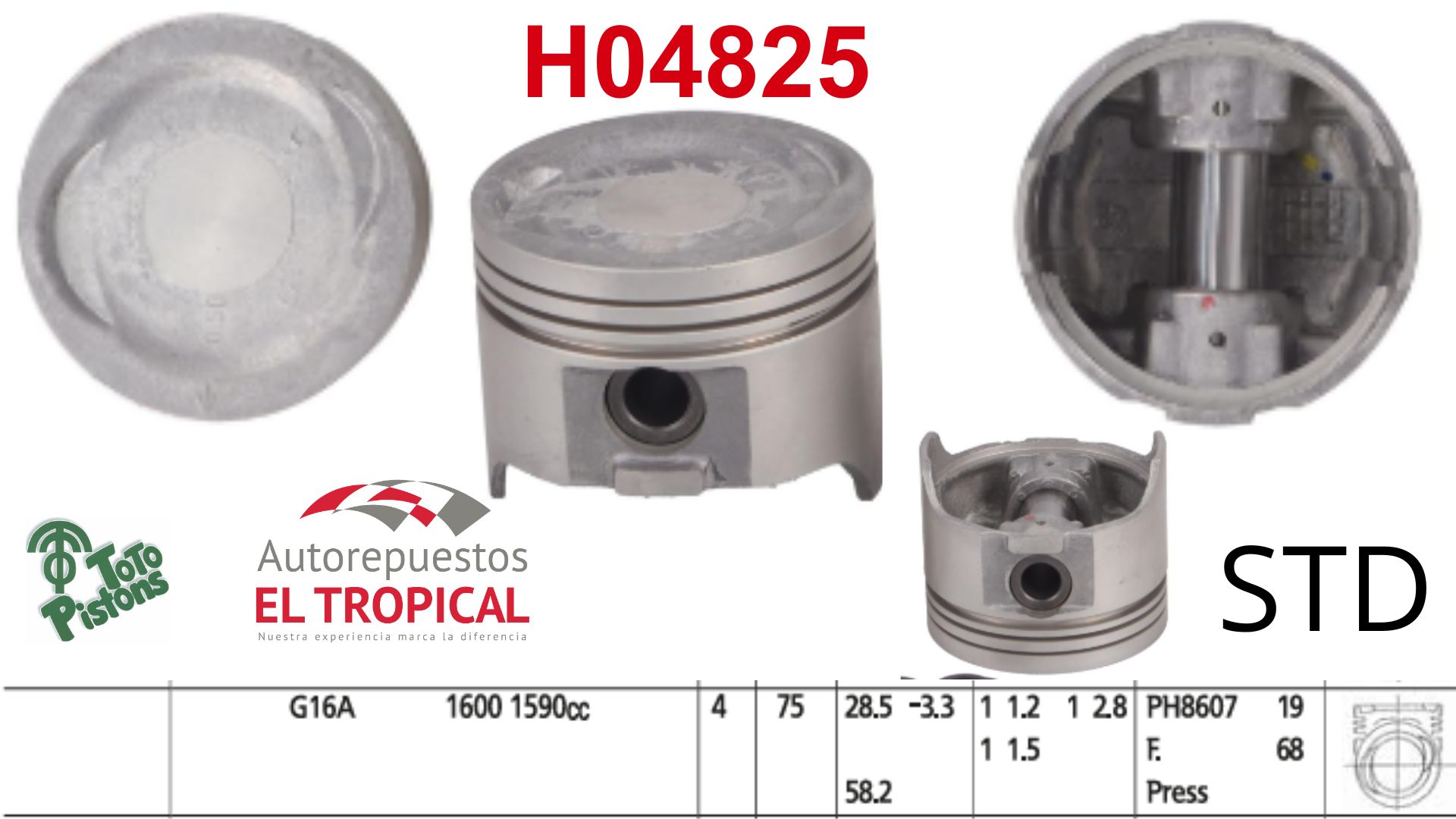 PISTON STD G16 8VLV SIDEKICK 75.00 89-95